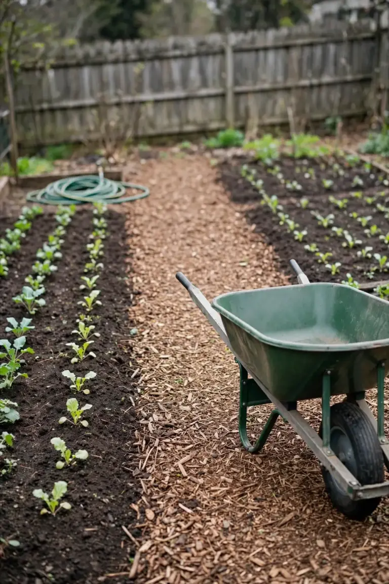 Wheelbarrow parked on a wide mulched path between two garden beds