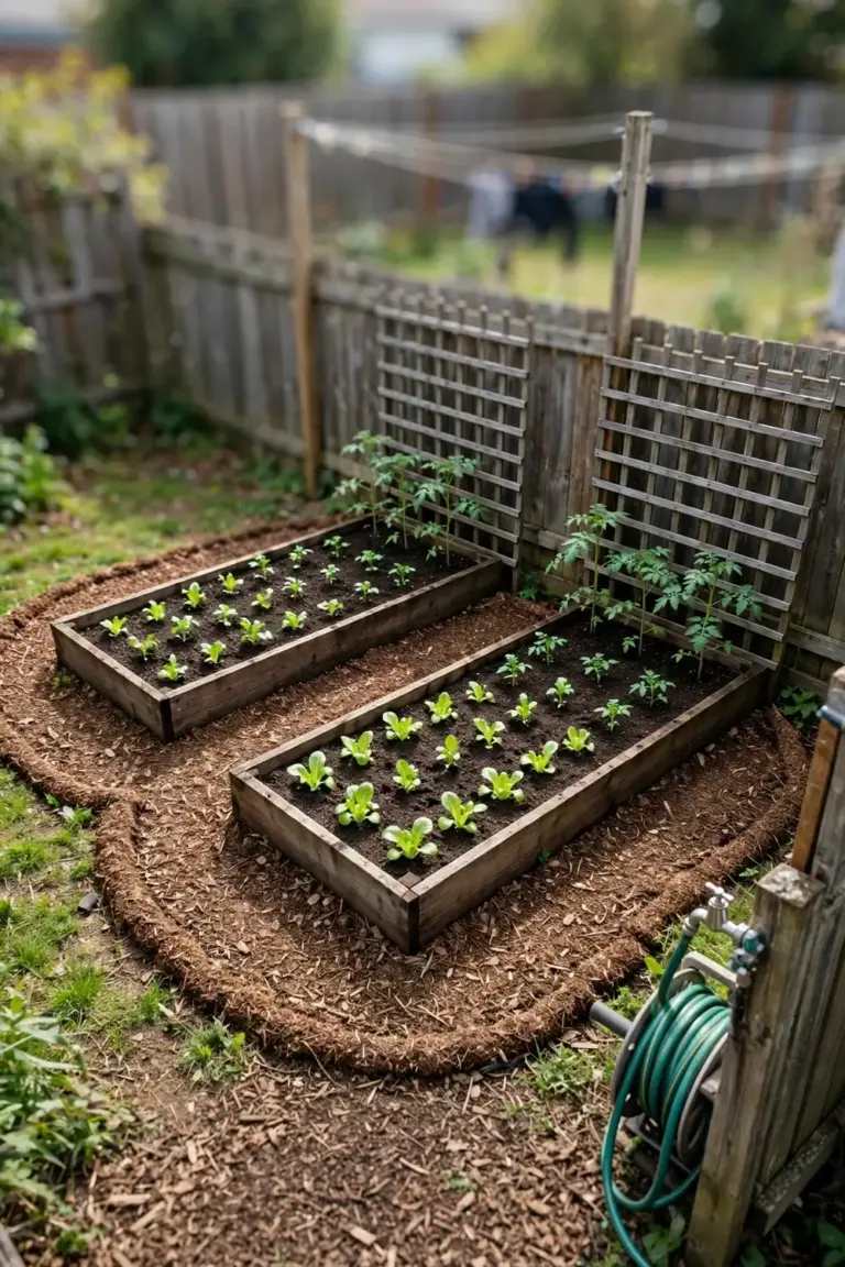 Small finished backyard with two rectangle garden beds, a loop path, and a trellis