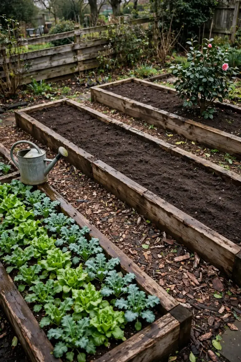 Overview of several garden beds with green rows under flat overcast light