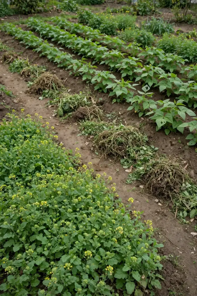 Two garden beds in rotation, one resting under cover crop, one growing beans.
