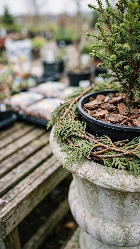A nursery planter fitted inside a decorative urn with cedar hiding its rim