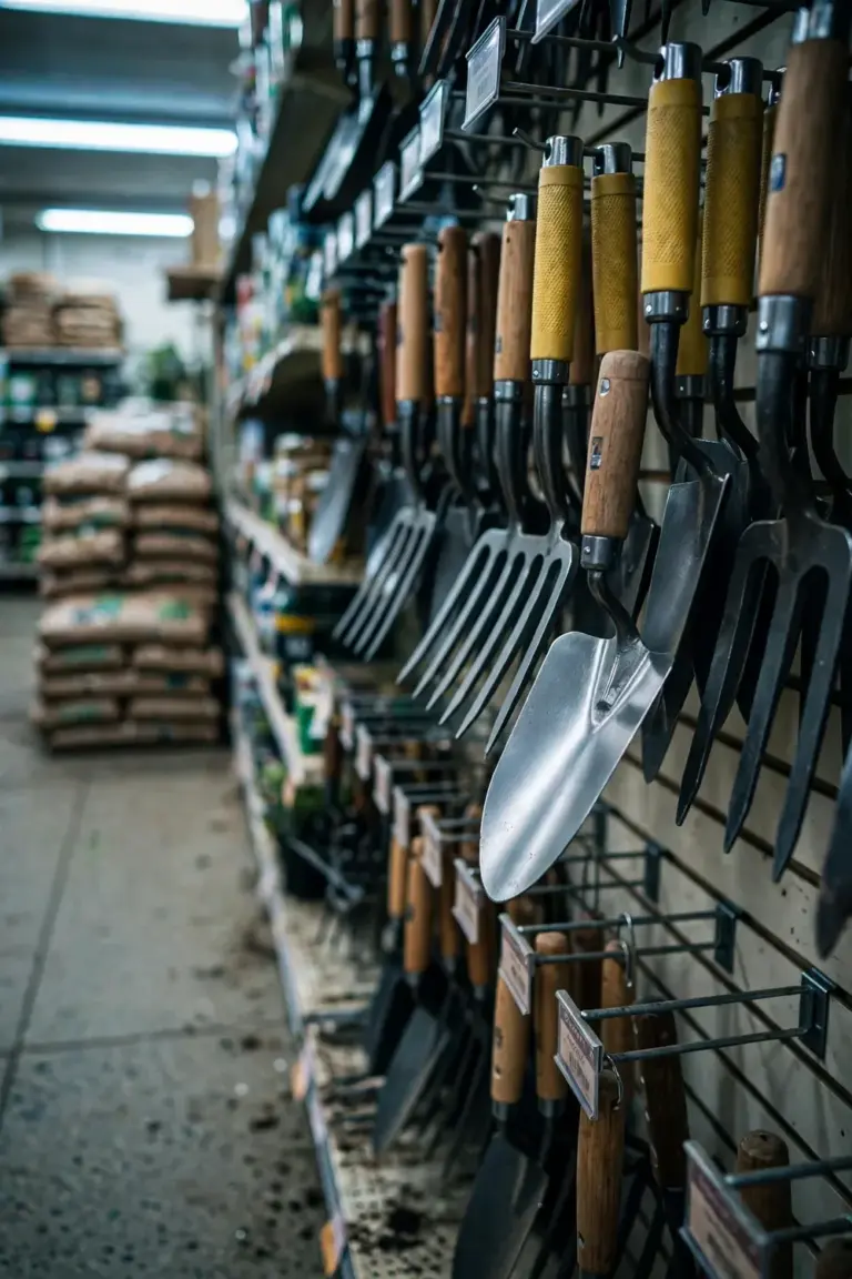 Garden center aisle with hand tools hanging on a display rack