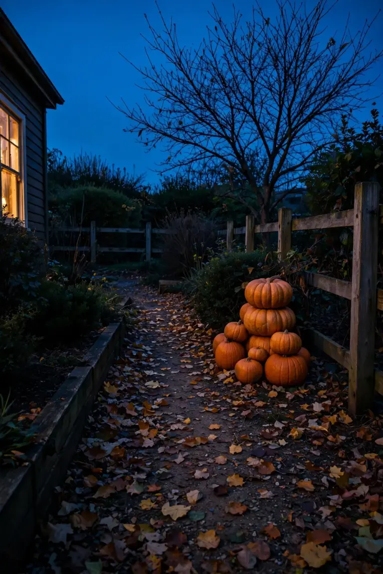 Garden at dusk with a pumpkin stack and bare tree dark against a deep blue sky