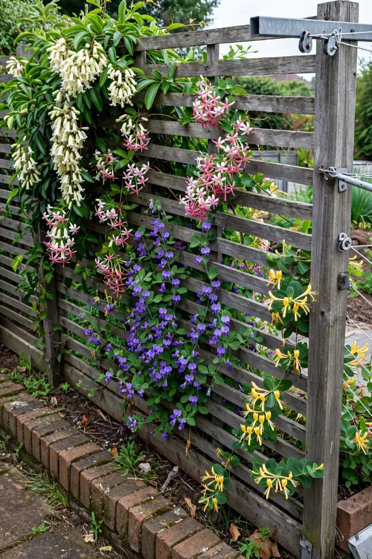 Garden fence with several climbing vines in flower