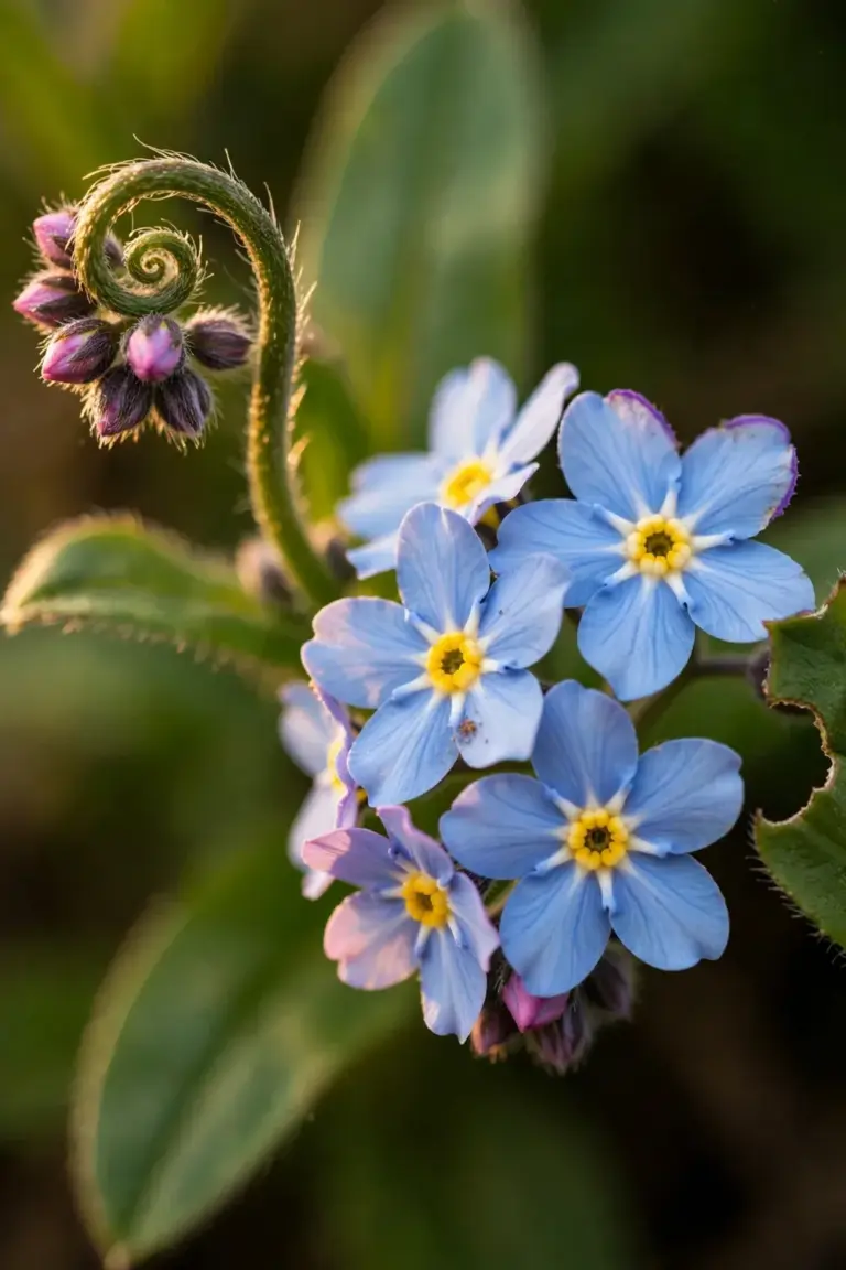Close-up of garden forget-me-not blooms showing blue petals and yellow eyes
