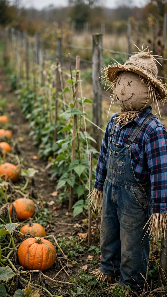 The classic scarecrow guardian standing between vegetable rows