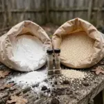 Two bags of garden lime and dolomite beside a soil test kit on a garden bench
