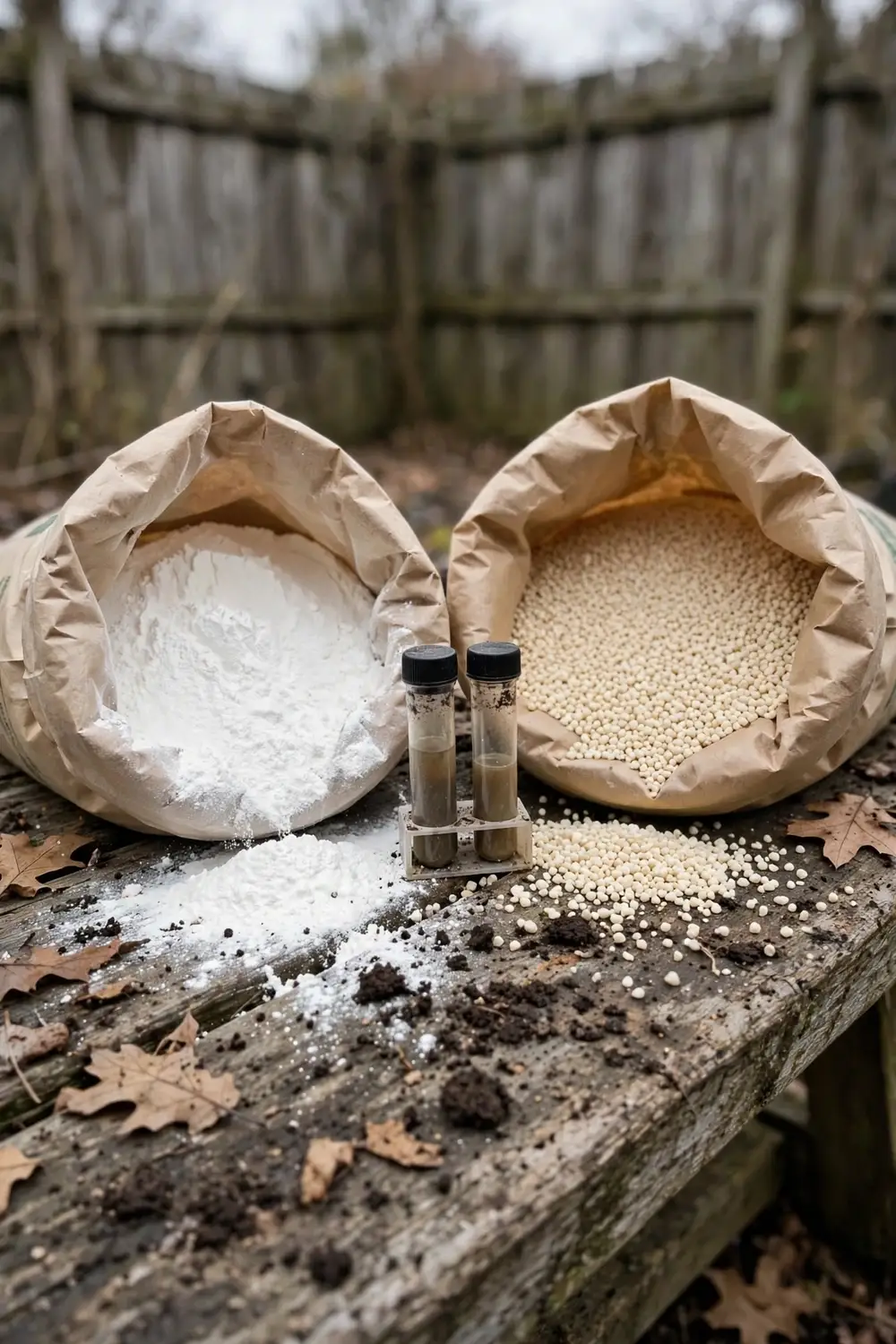 Two bags of garden lime and dolomite beside a soil test kit on a garden bench