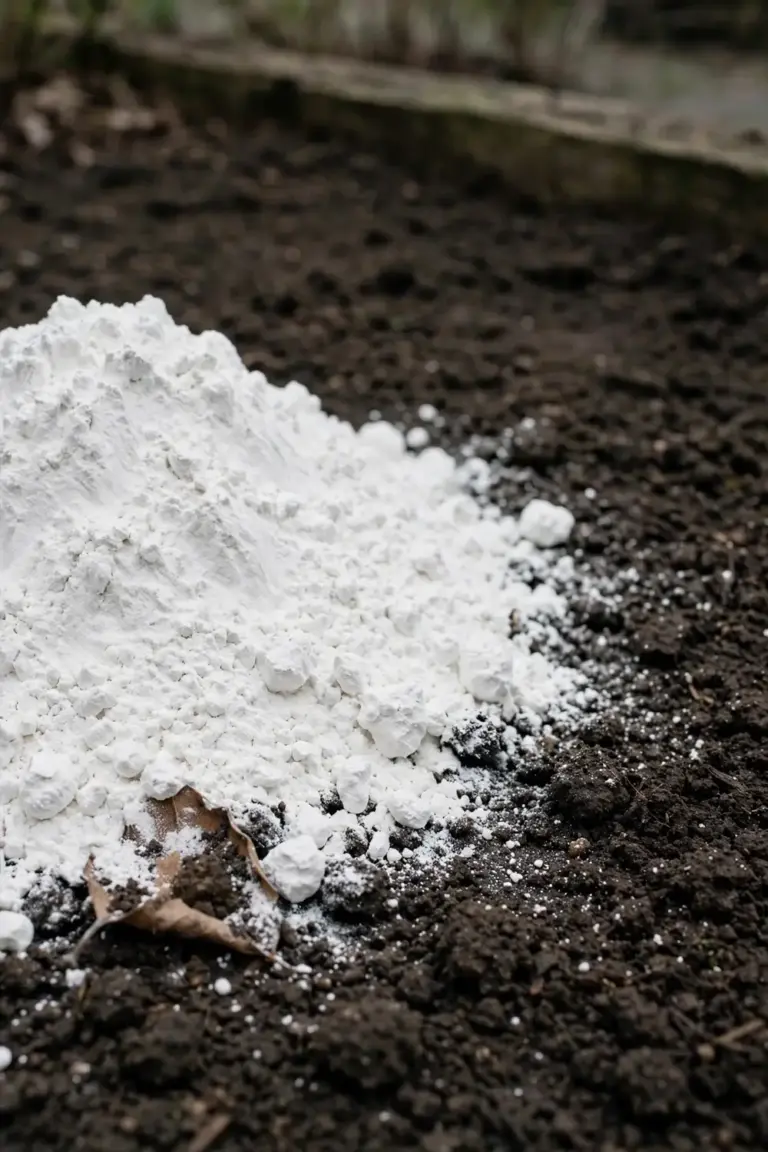 Mound of fine white garden lime powder on dark soil in a garden bed