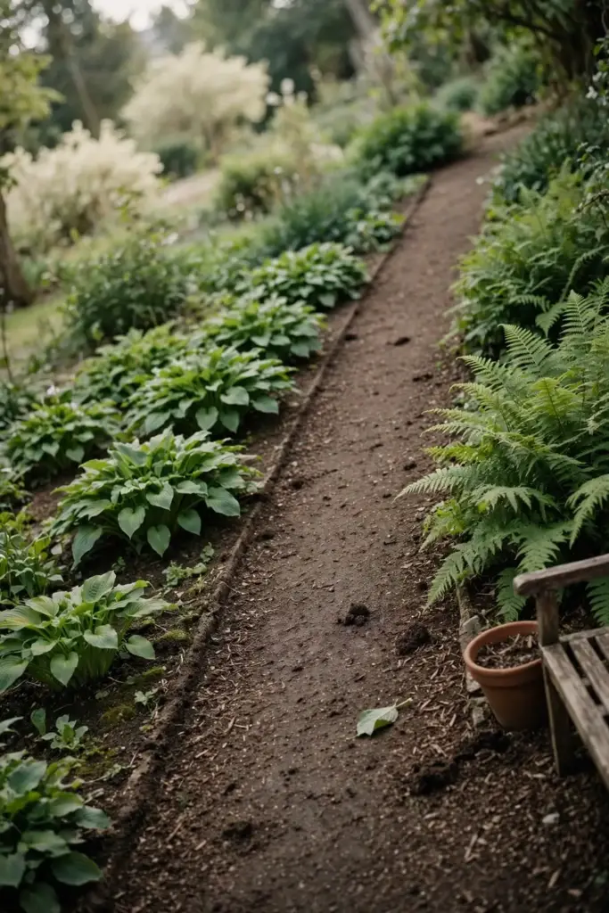Garden path between healthy beds of hostas and ferns.