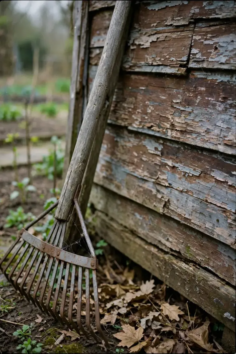 Garden rake leaning unused against a weathered shed wall