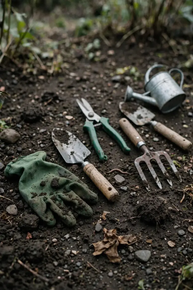 The six beginner garden tools arranged flat on dark soil