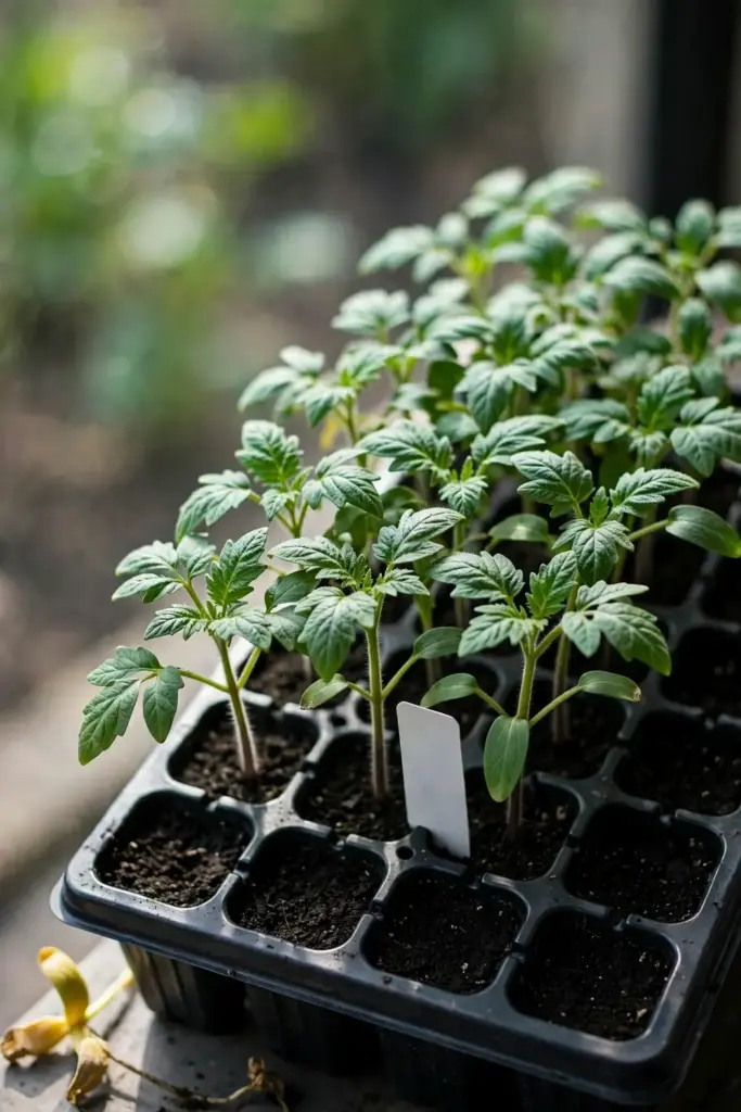 Healthy tomato seedlings in a clean tray with fresh sterile seed-starting mix.