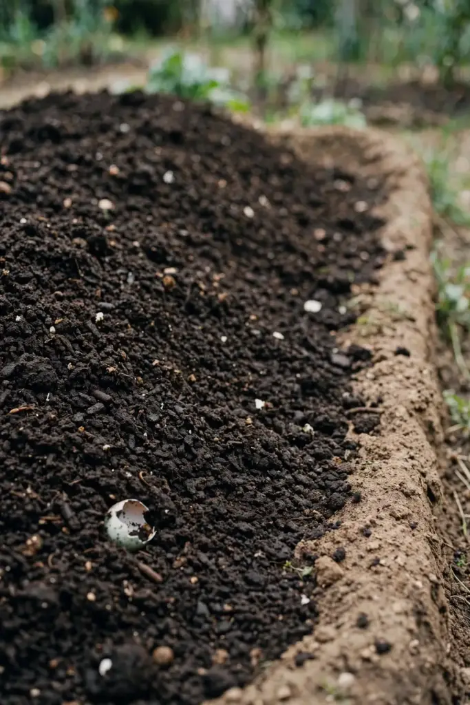 Dark finished compost spread over a vegetable bed, feeding soil competition.