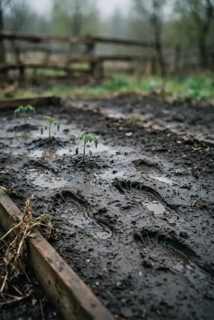 Cool damp vegetable bed in spring with soggy soil, high Verticillium wilt risk.
