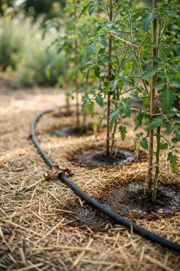 Drip irrigation line watering mulched tomato plants at the root zone.