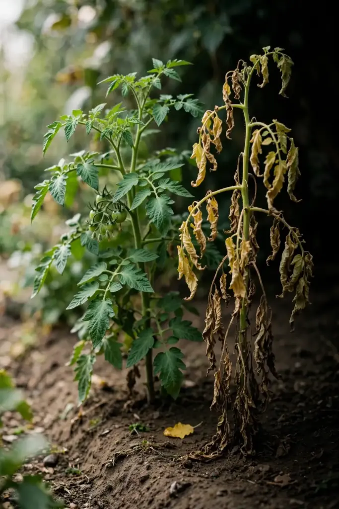 Healthy green tomato plant beside a wilted one for disease comparison.