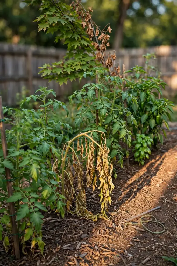 Garden row with one wilted tomato plant among healthy vegetables and a maple behind.