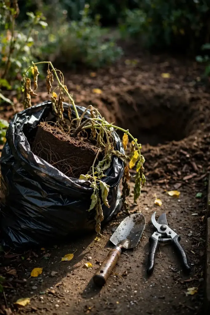 Pulled wilted plant in a trash bag beside a disinfected trowel and shears.