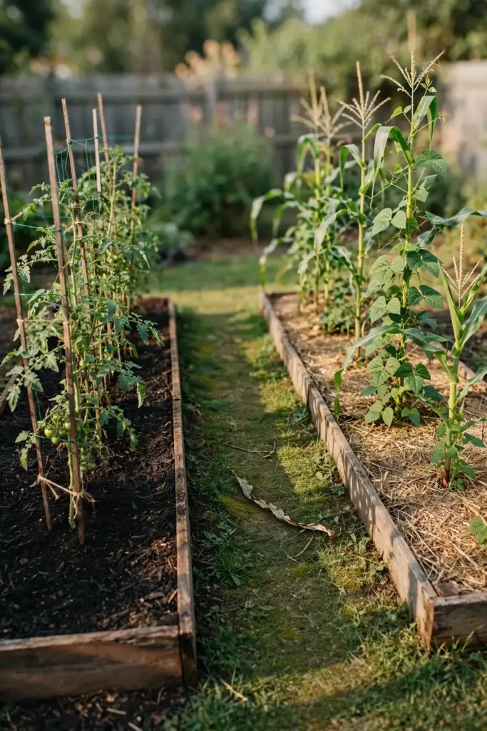 Two garden beds in rotation, tomatoes in one and corn with beans in the other.