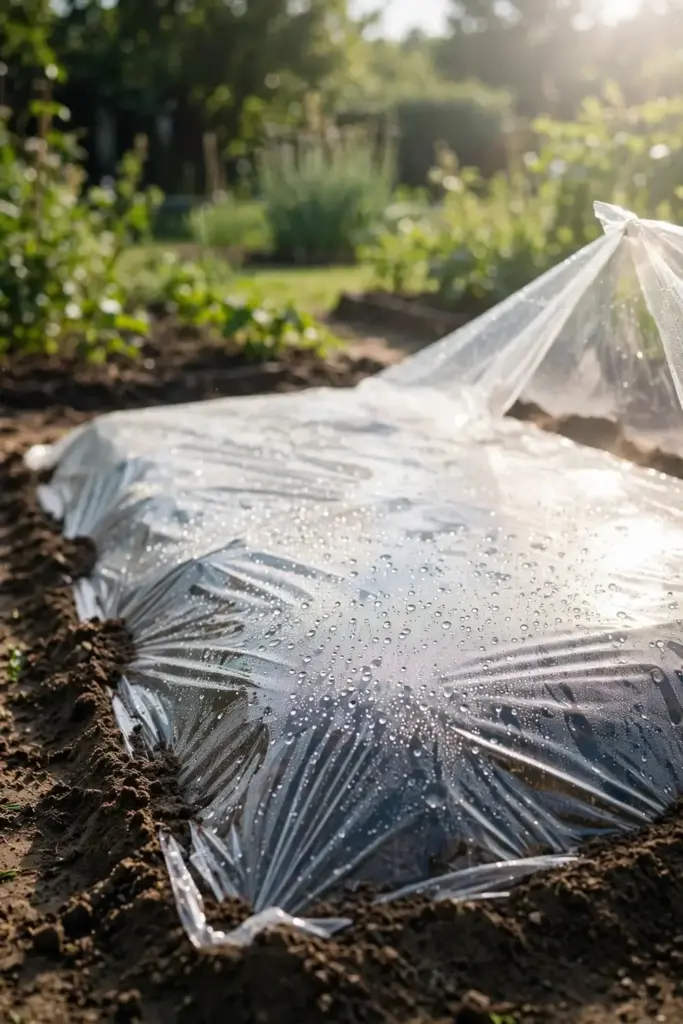 Vegetable bed covered with clear plastic sheeting for soil solarization.