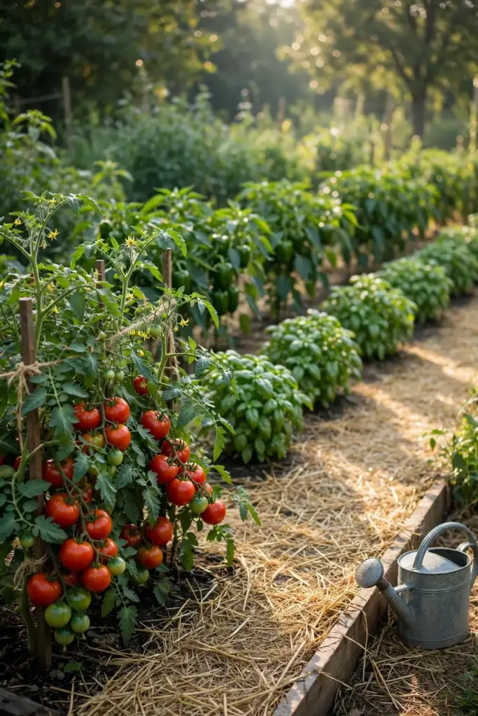 Thriving home vegetable garden with staked tomatoes in morning light.