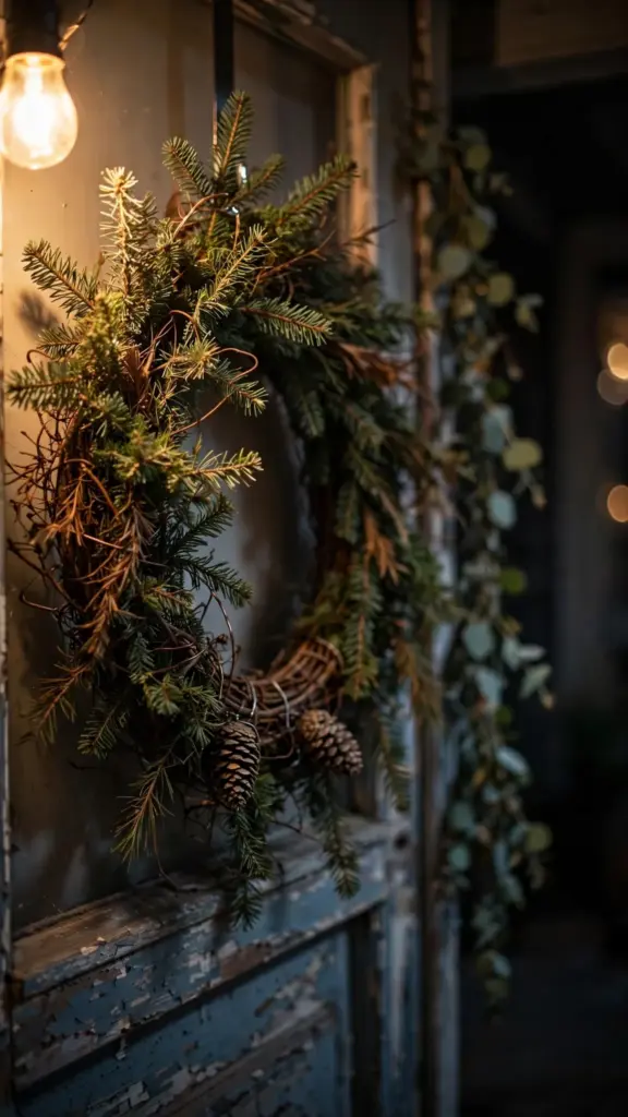 Pine-and-fir wreath with wired boughs hanging at eye level on a front door
