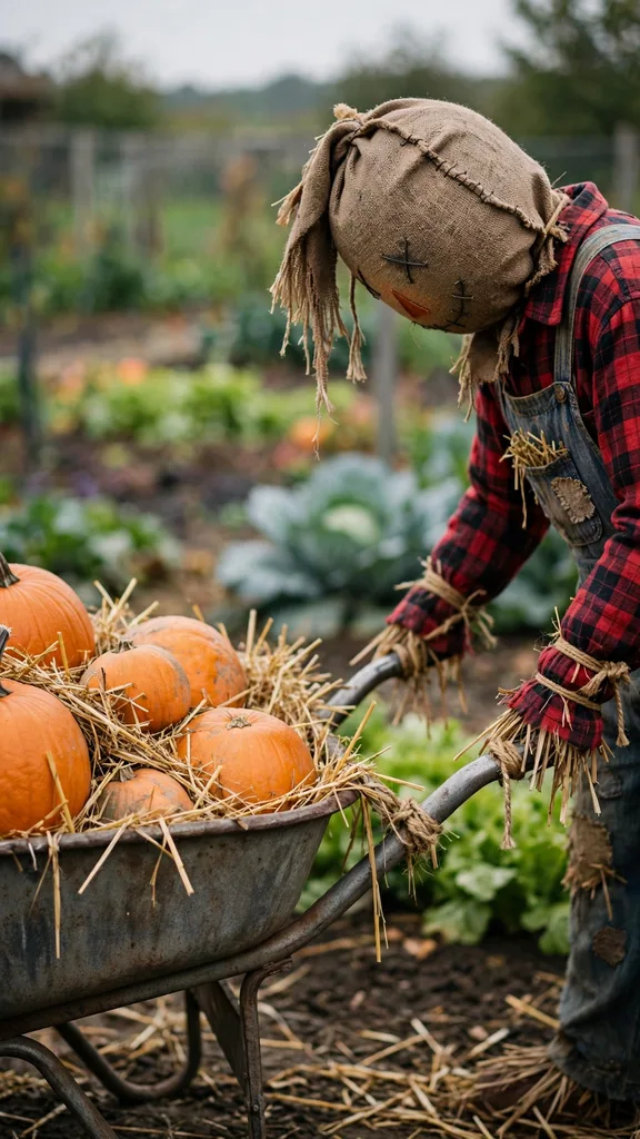 A scarecrow posed as a gardener gripping the handles of a wheelbarrow in a garden