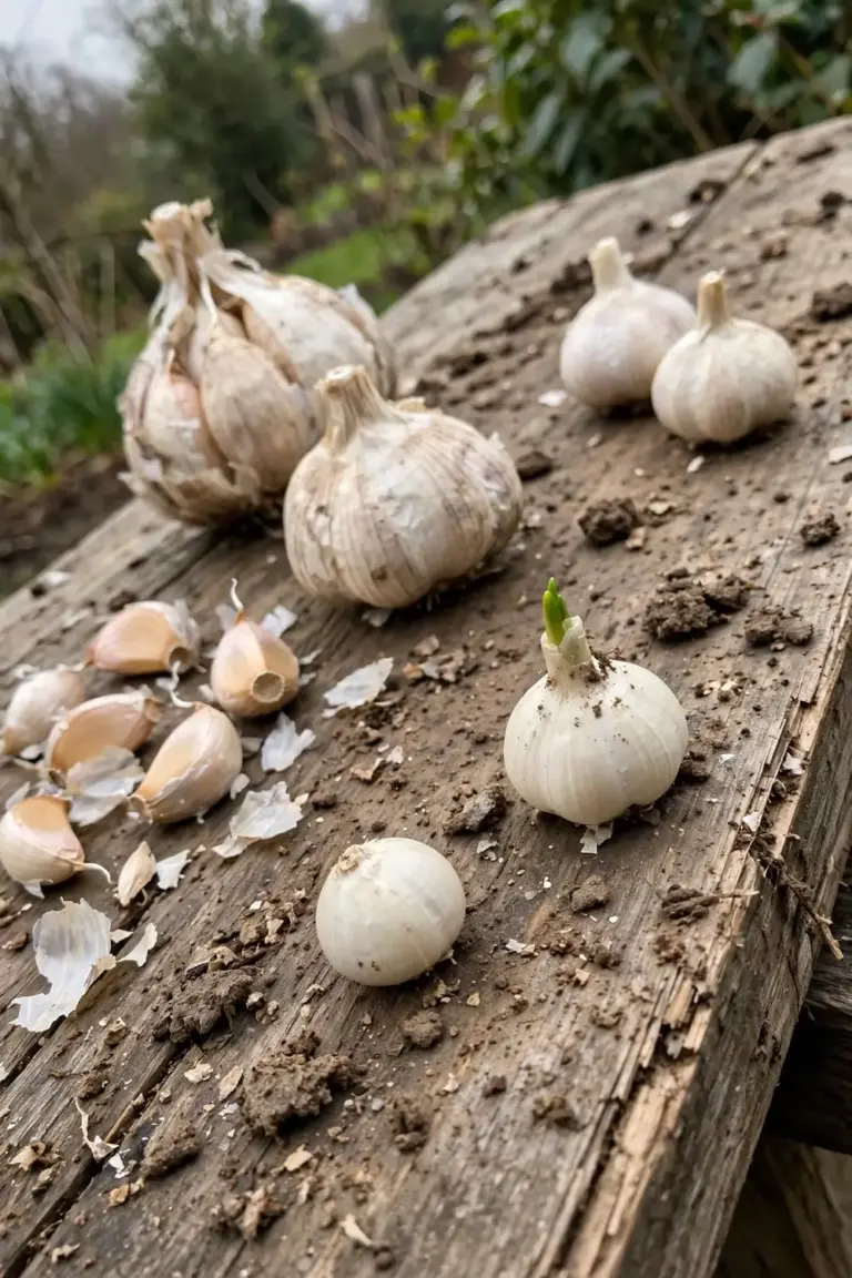 Garlic bulbs and broken cloves arranged on a timber board
