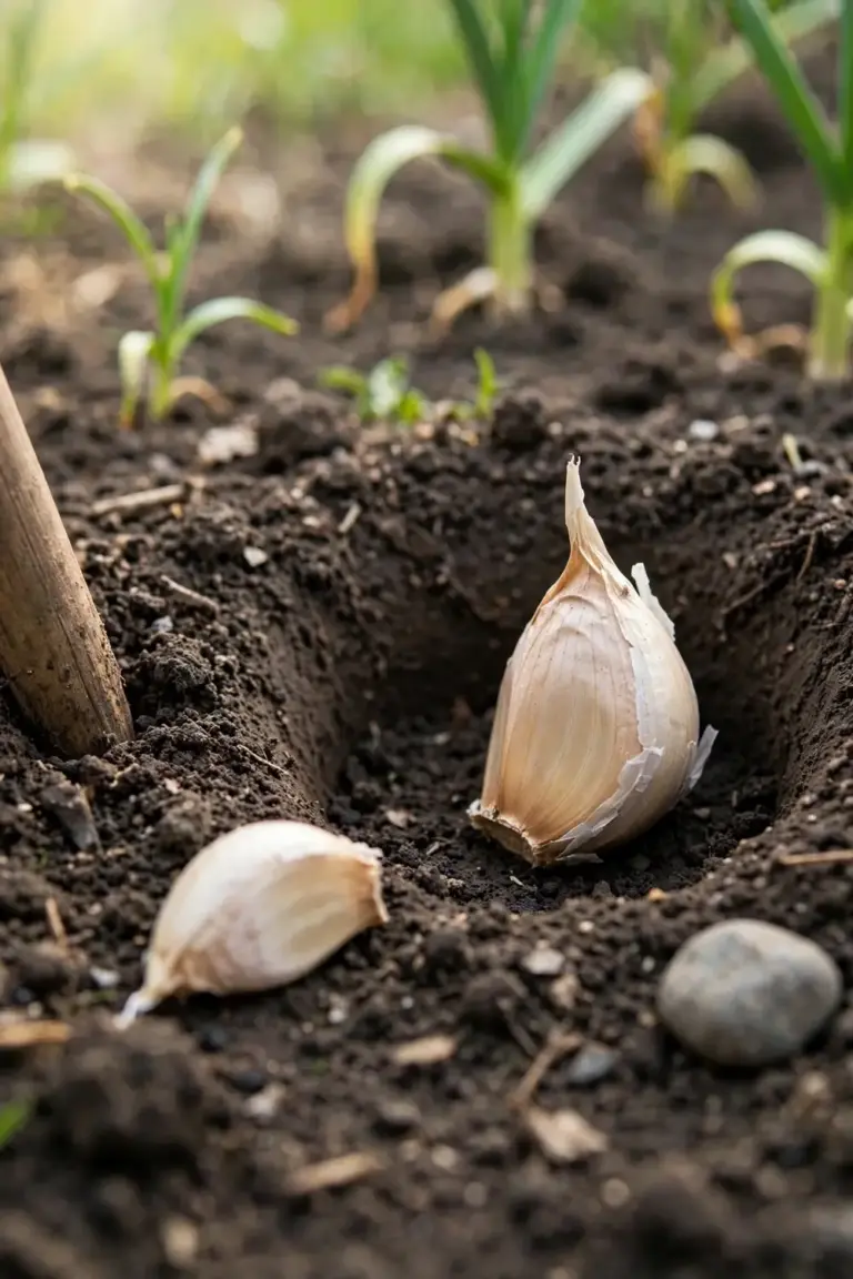 Garlic clove pointy end up in a dibbled soil hole