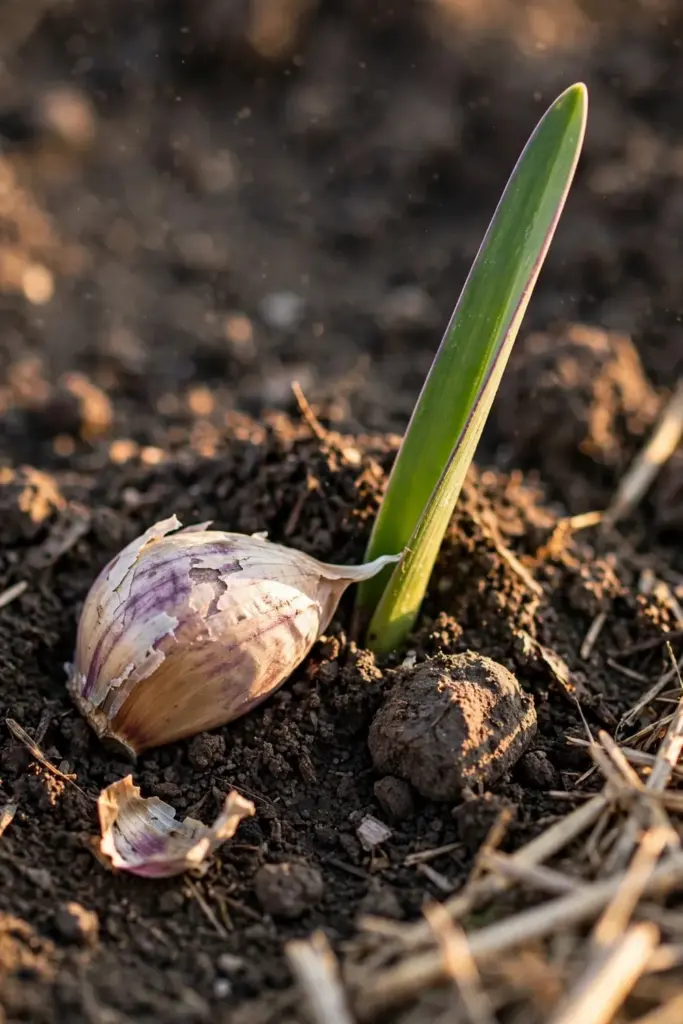 Garlic clove in soil with a green shoot spearing upward