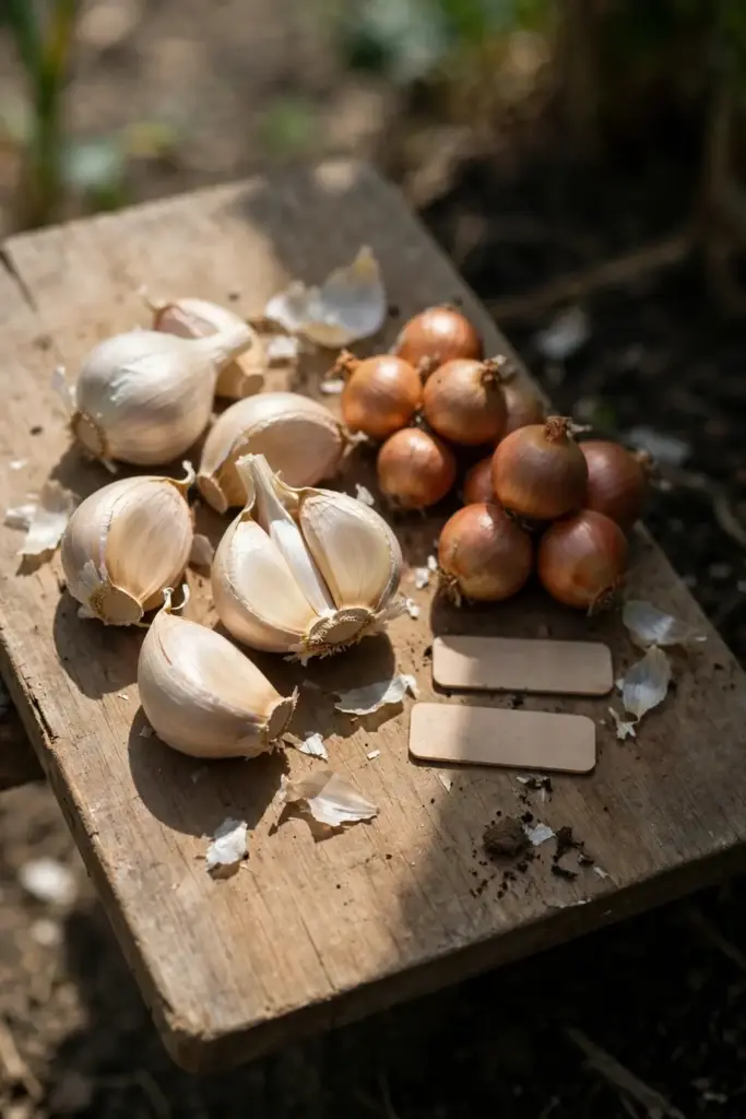 Firm garlic cloves and onion sets inspected on a wooden board before planting.