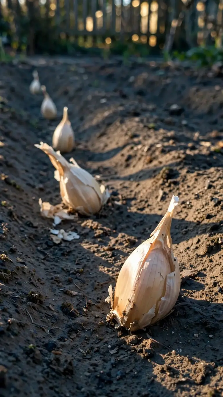 Garlic cloves set pointy-end up in a furrow before covering