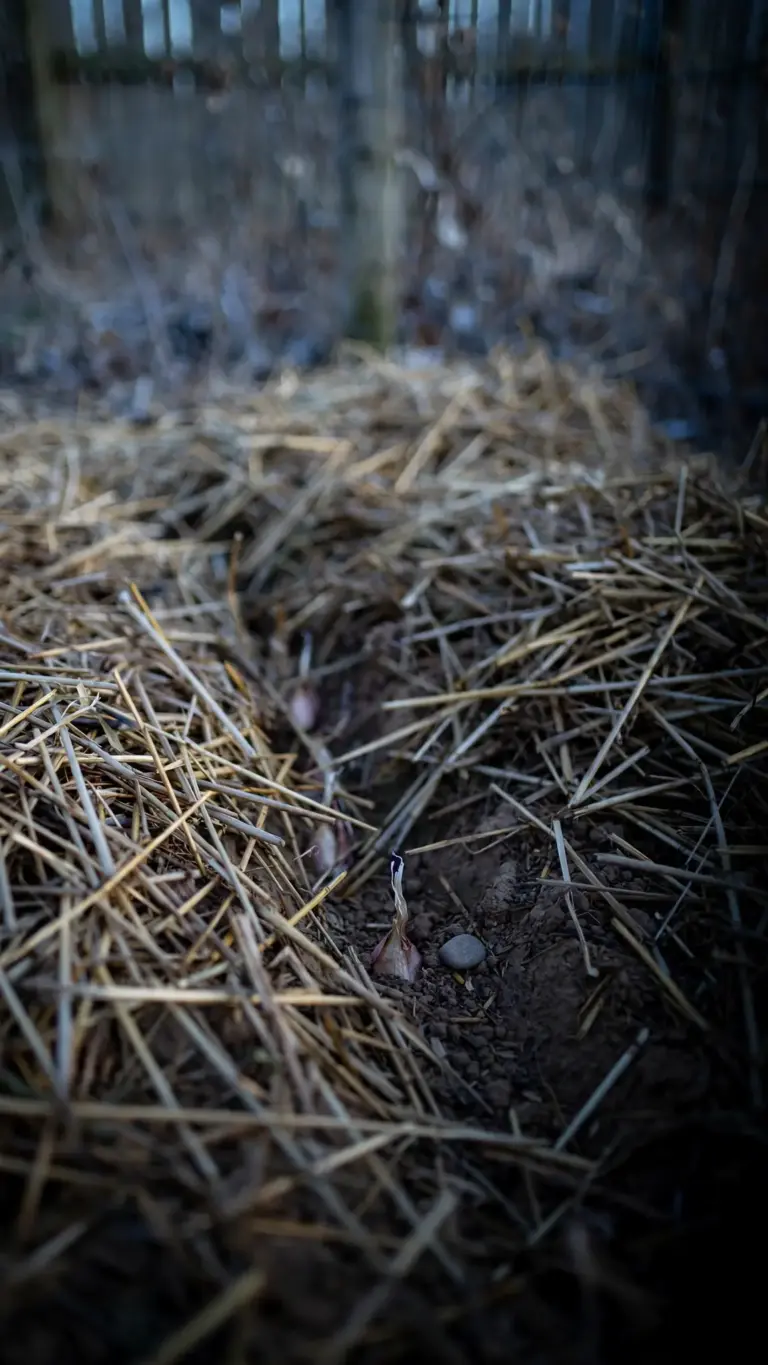 Garlic cloves planted in a row under a thick straw mulch