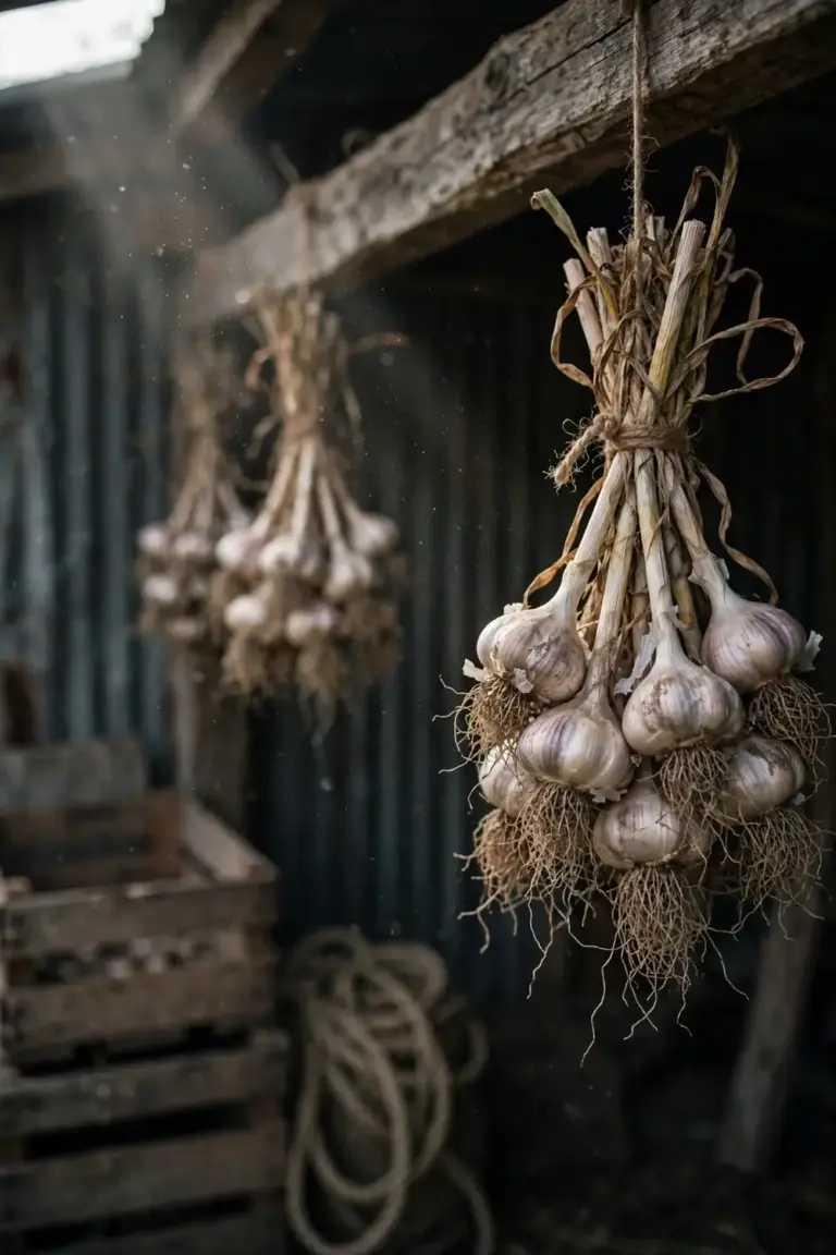 Garlic bulbs hanging in bunches to cure in an airy shed