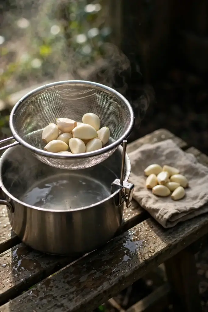 Garlic cloves in a mesh strainer over a pot of steaming hot water.