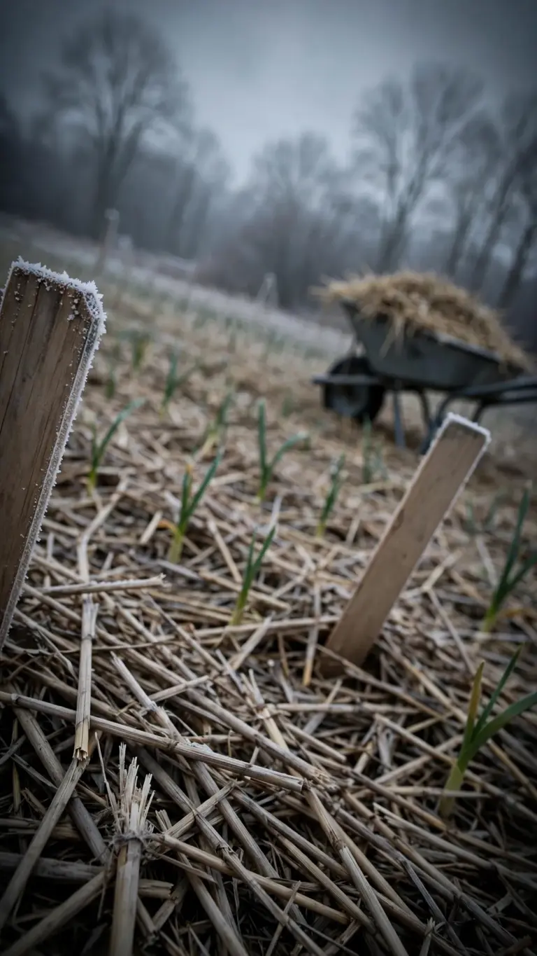 Garlic bed with straw mulch and blank wooden row markers