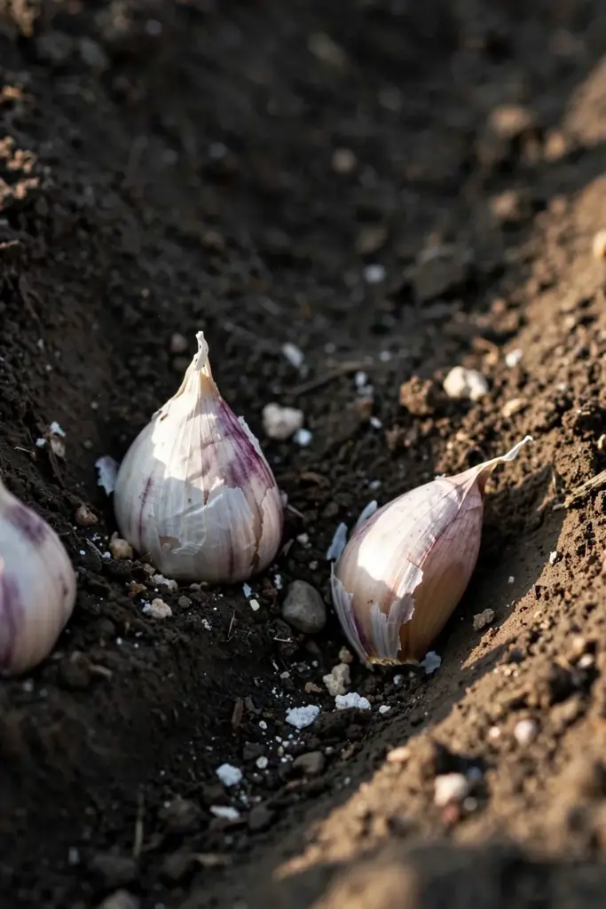Garlic cloves nestled in a soil furrow with bone meal