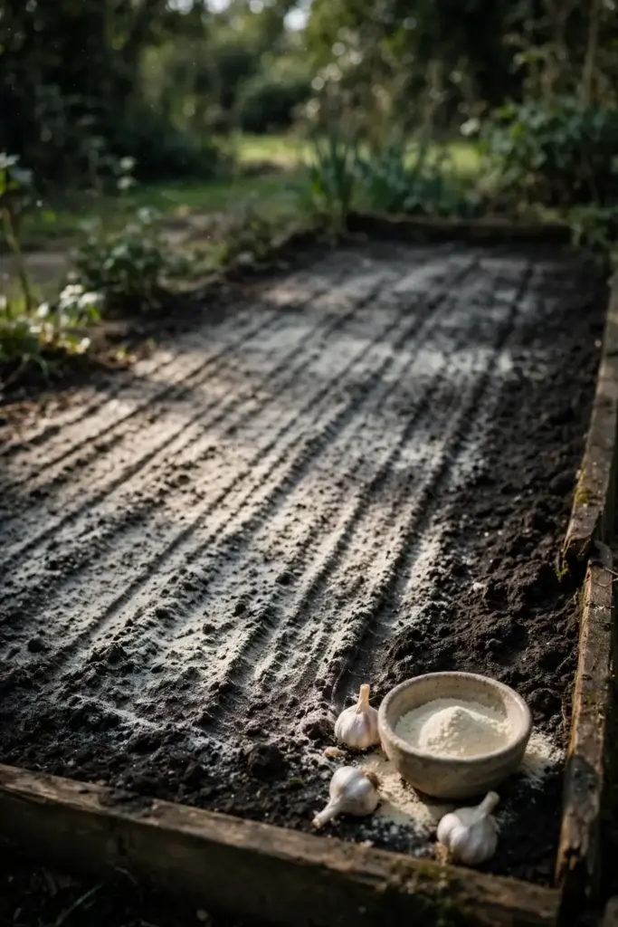Empty garden bed dusted with garlic powder beside a small bowl of powder.