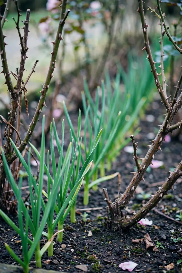 Green garlic shoots growing in a row between bare rose bushes in spring