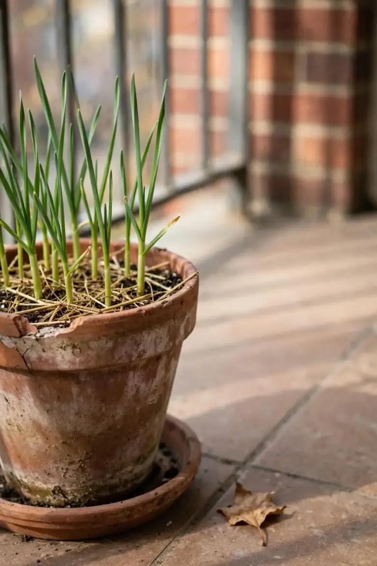 Garlic growing in a terracotta pot on a sunny balcony