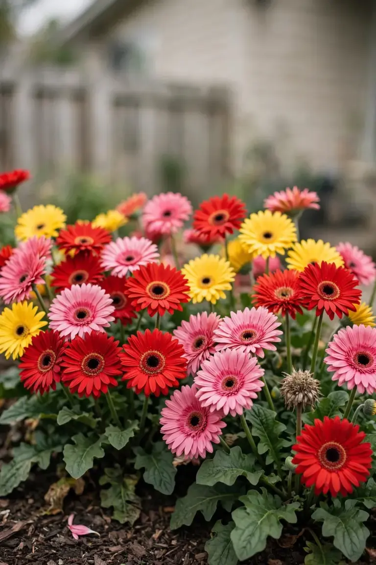 Home garden bed of gerbera daisies covered in red, pink, and yellow blooms