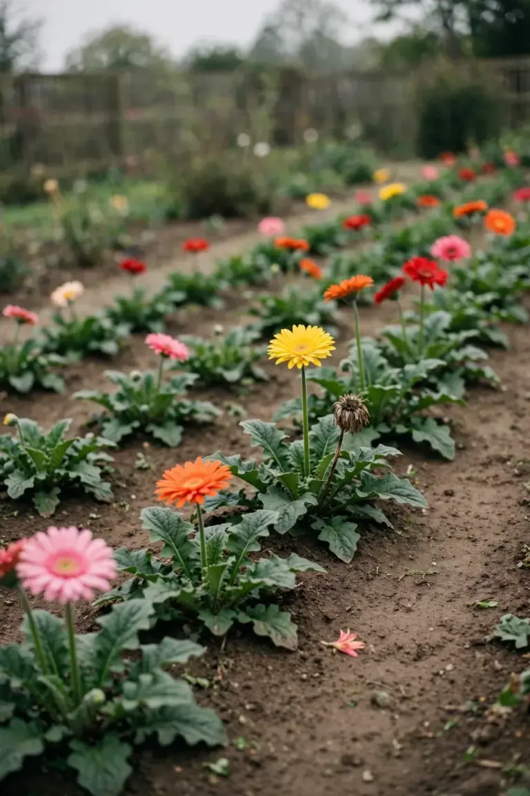 Wide view of a sunny gerbera daisy bed with blooms in mixed colors