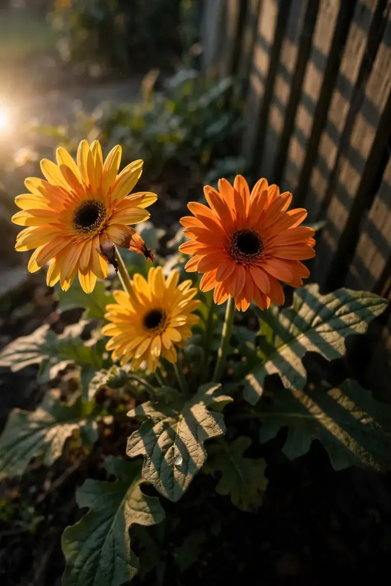 Gerbera daisies in morning sun with soft shade falling across the bed