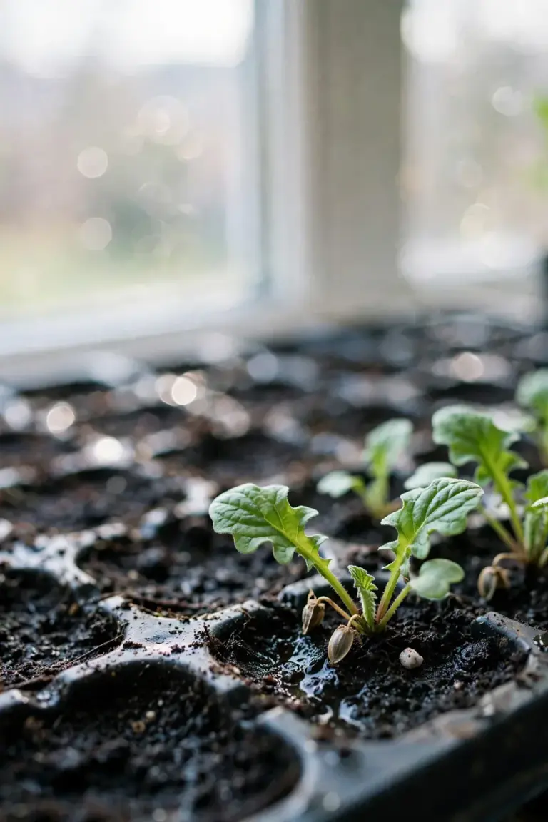Gerbera seedlings sprouting in a seed tray on a bright windowsill