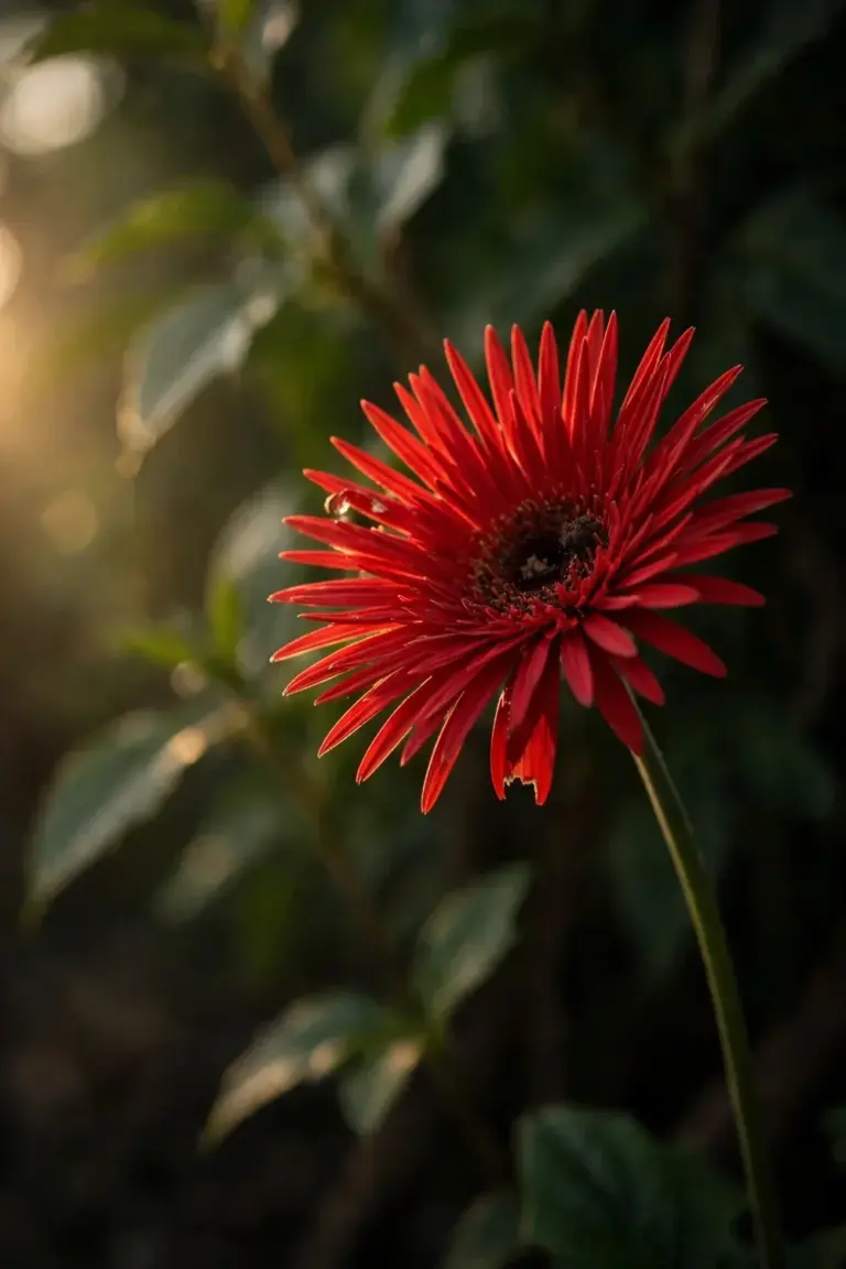 Single red gerbera bloom with a dark central disc against green leaves