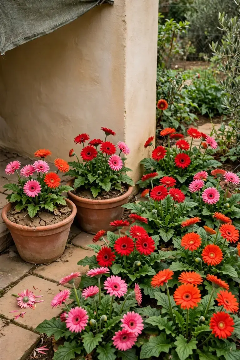 Gerbera daisies blooming in a warm-climate garden with potted plants nearby