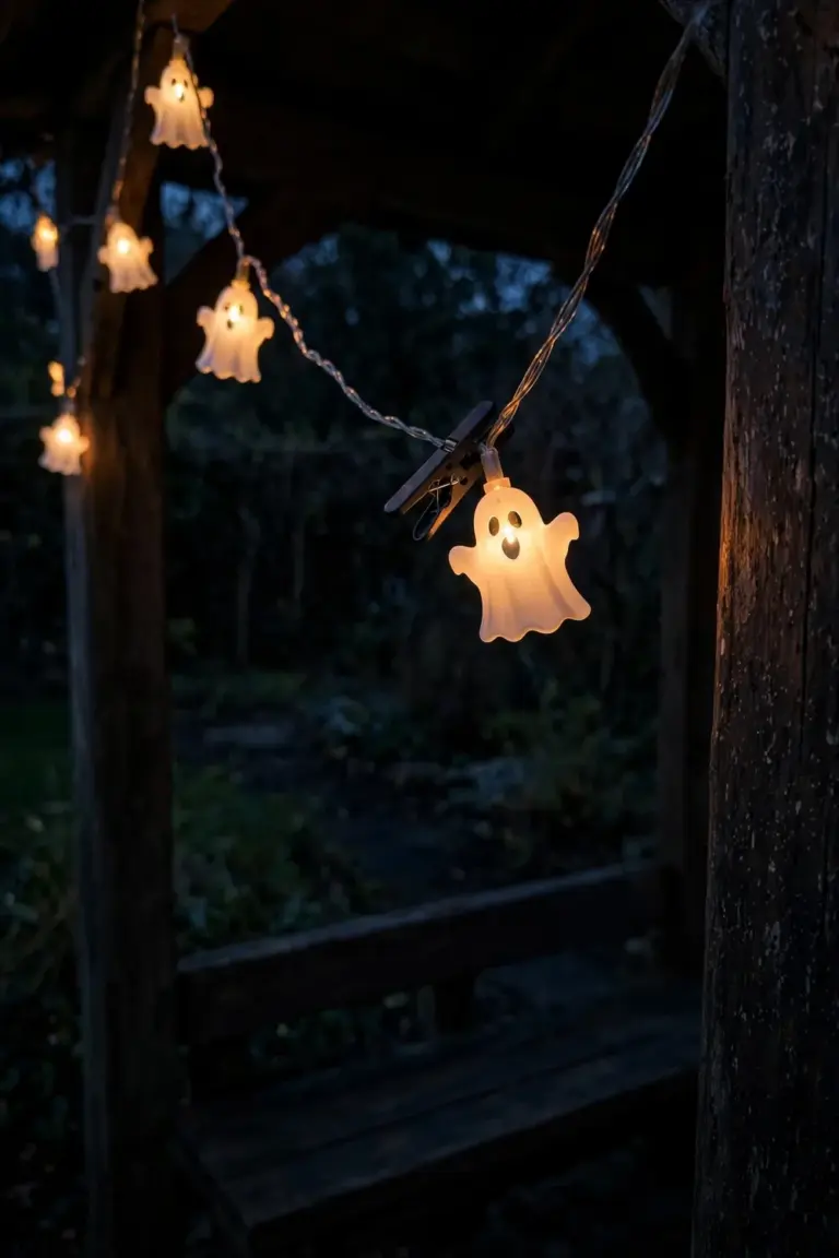 String of small ghost-shaped lights hanging inside a garden gazebo at dusk