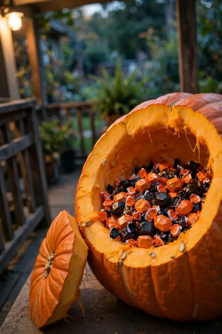 Giant hollowed pumpkin filled with wrapped candy on a porch at dusk