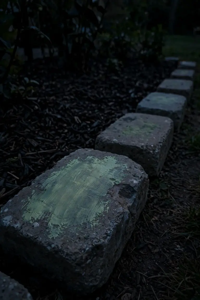 Garden edging stones with faint patches of glow-in-the-dark paint at dusk
